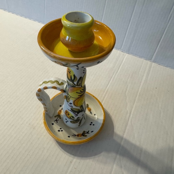 Yellow Floral Ceramic Candle Holder Round with Handle Hand Painted Spain Dish - Picture 6 of 6